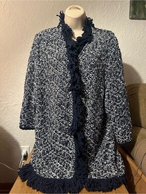 Lane Bryant Navy and Cream Textured Knit Pullover